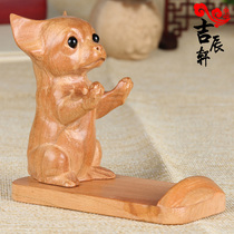 Peach dog mobile phone desktop bracket cute cartoon wooden Zodiac Mouse mascot ornaments wood carving