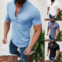 Mens Casual Blouse Cotton Linen shirt Loose Tops Short Sle