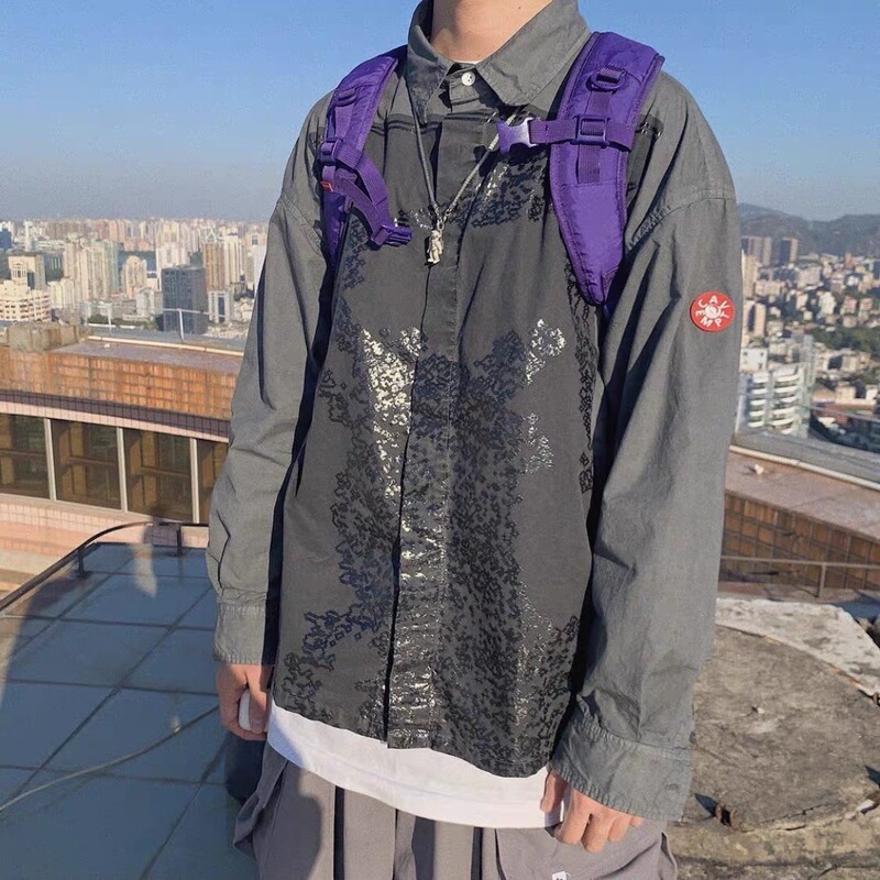 Life Cavempt Japanese Style Ce Noise Wash Gray Wax Print Loose Long-Sleeve Denim Shirt High Street Jacket