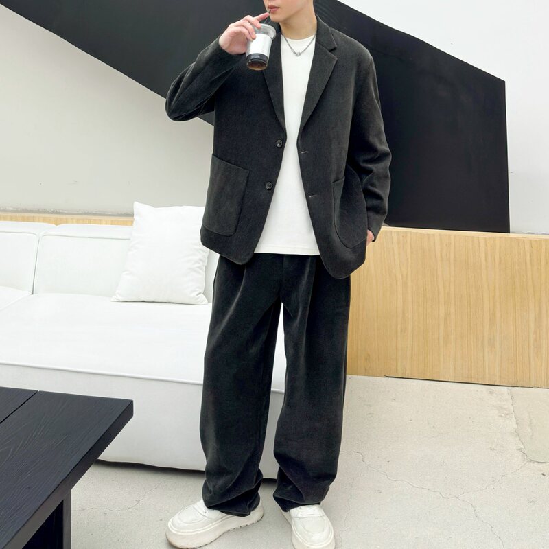 Corduroy Suit Set for Men, Thick Style for Autumn and Winter, Korean Style Twill Velvet Casual Suit, Loose Fit, High-End Feel, Plus Size Jacket