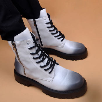 Trendy men's chelsea boots men's trendy korean style genuine leather boots outdoor cowboy boots smoky gray british thick soles