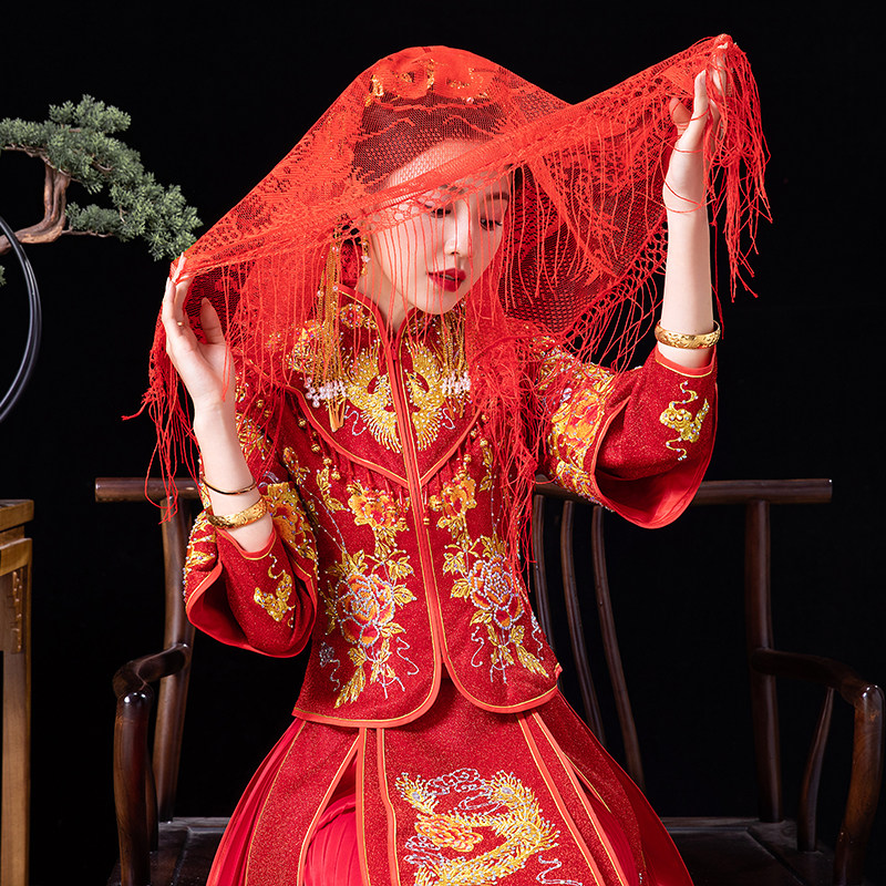 Bride Married Xiuhe Wedding Head Chinese Wedding Cover Embroidery Retro Hipamon Head Stream High-end Red