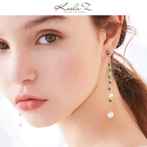 Niche design French temperament elegant long crystal pearl double-flow Su zircon earrings earless pierced ear clip female