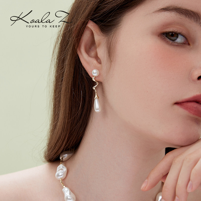 (polyline water drop) style advanced senses European and American temperament metal pearl earrings without earhole ear clip suitable for round face-Taobao