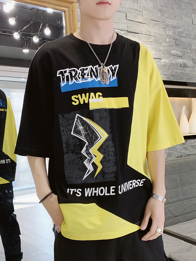 Trend short-sleeved men's ins Fat fat plus fat plus size loose teen student National tide original 5 five-point sleeve T-shirt