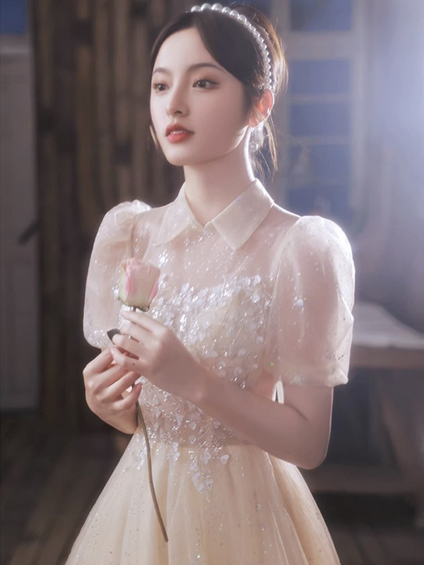 Champagne-Colored Evening Dress 2026 Women's New Style High-End Banquet Elegant Light Luxury High-End Host Adult Princess Dress