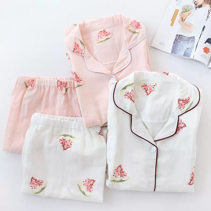 Vải cotton tinh khiết giam giữ quần áo gạc đồ ngủ cotton hai lớp cho con bú dài tay quần áo cho con bú áo nịt phụ sản mùa xuân và mùa hè quần áo phục vụ tại nhà - Giải trí mặc / Mum mặc