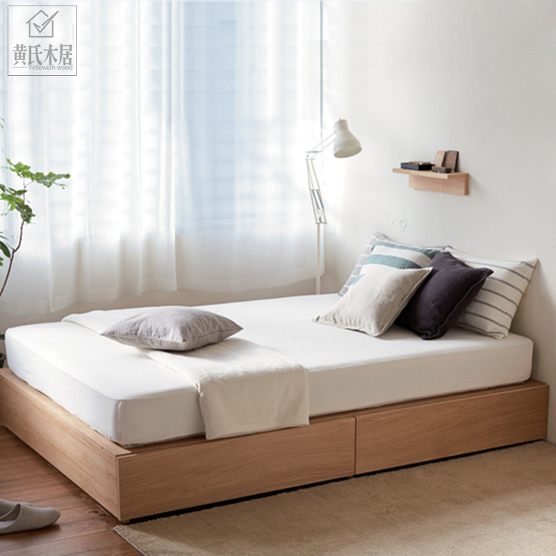 Nordic No Headboard Solid Wood Tatami Ground Floor Double Man Bed Black Walnuts Wood Box Storage Terrace Dwarf Bed Customised