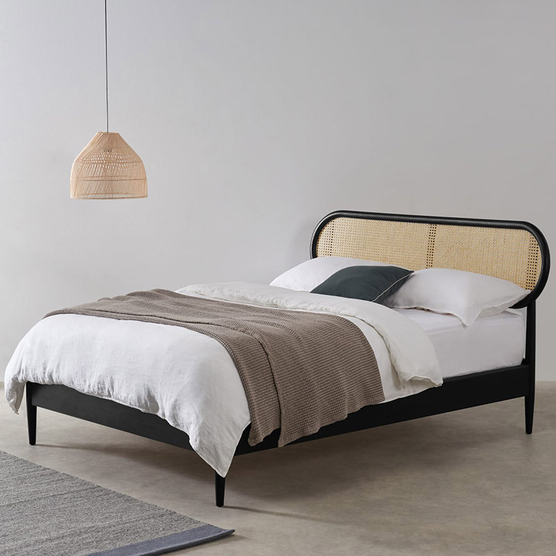 Custom black walnut light luxury rattan art Nordic retro oak rattan bed Japanese modern 18 double bed furniture