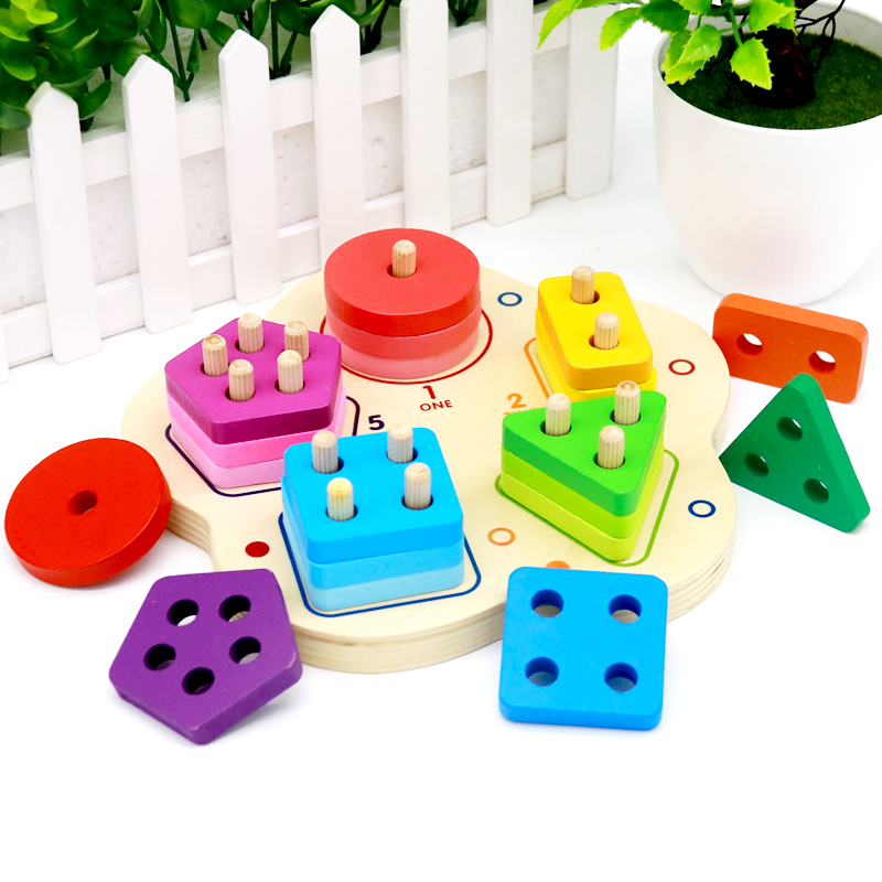 Children's intelligence column wooden shape matching building blocks Cognitive early education Children baby educational toys 1-3 years old