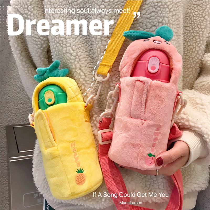 ins cute cartoon fruit with straw water mug Han version of girl hearts students children insulation cup creative skew satchel