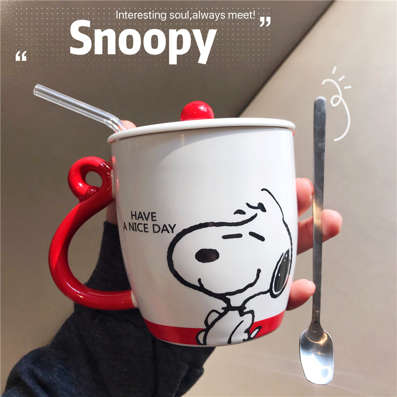 ins cute cartoon mark water glass sub male and female student coffee cup Korean version lovers ceramic cup with lid spoon straw