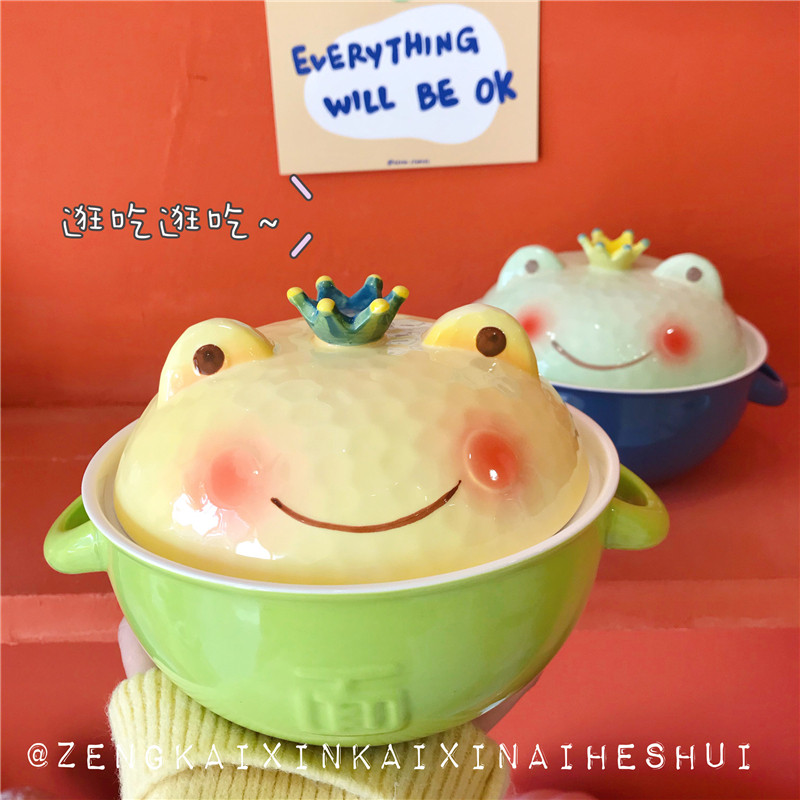 Han Style Cute Cartoon Frog Teenage Hearts students Ceramics Convenient Bubble Noodles Bowl with lid Japanese Dormitory Creativity