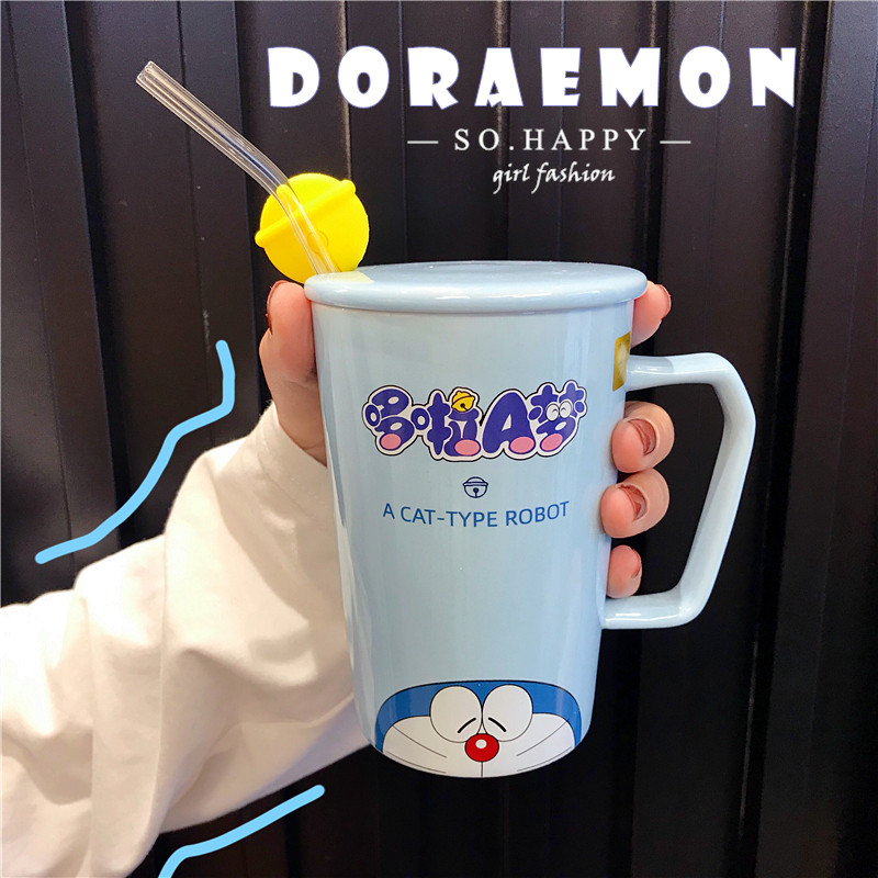 Cute cartoon Doraemon A dream water glass Sub-biding straw ceramic cup with lid with spoonful couple Mark cup girl's heart