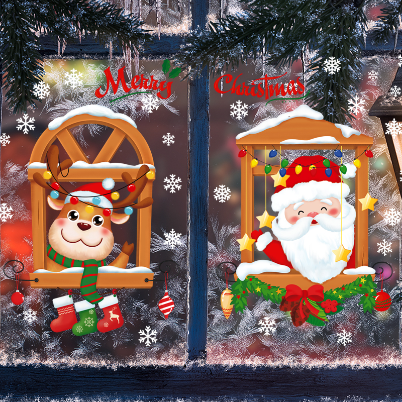 Christmas wall stickup with elderly small deer glass door decorated with festive atmosphere arrangements waterproof classroom company New Year's snowflakes