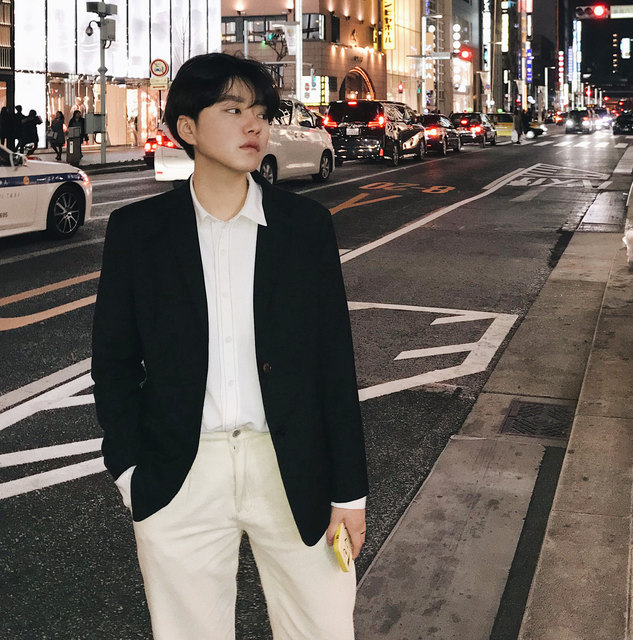 Winter white homemade black suit single-breasted straight suit jacket small size formal ins Korean version male handsome t