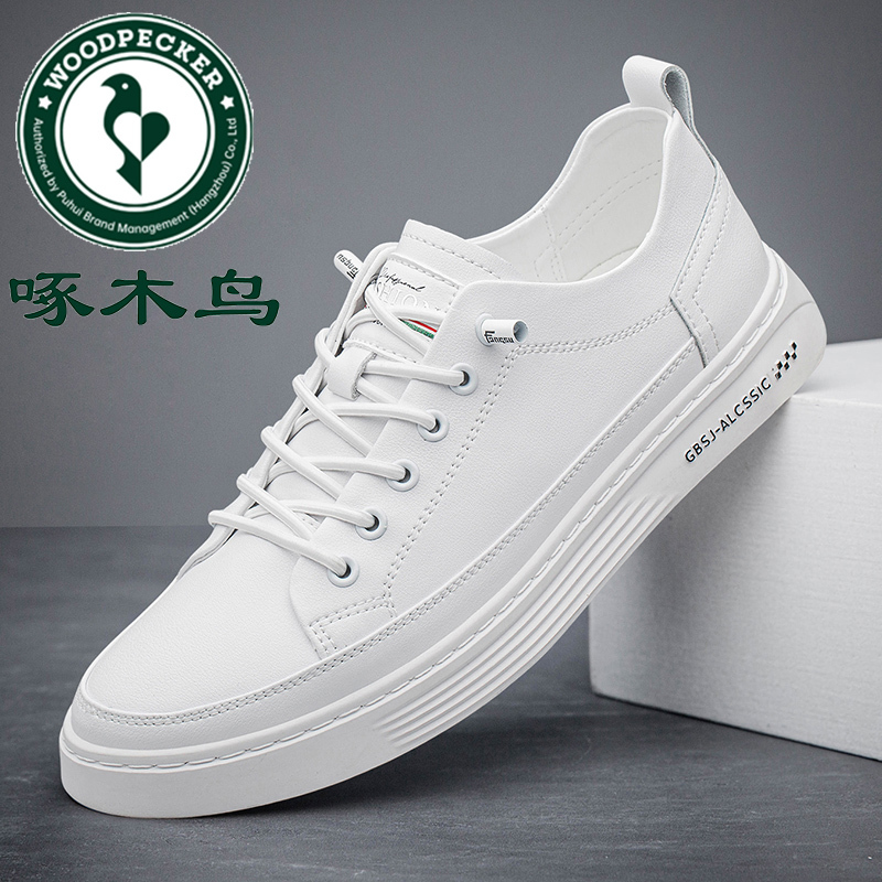 Woodpecker Men's Casual Sneakers 2026 Spring Genuine Leather Men's White Shoes Men's Cowhide Breathable White Trendy Shoes