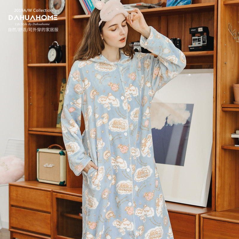 Fall and Winter Coral Velvet Sleeper Woman Thickened Long Flave Warm Pajamas Dress New Bath Flau Velvet