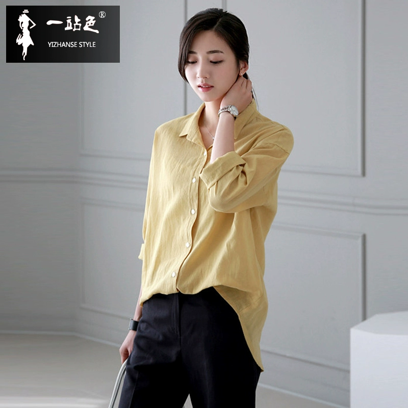 Mùa xuân / mùa hè 2021 Sản phẩm mới của phụ nữ Hàn Quốc Áo sơ mi dài tay dài trung bình Thời trang Thông thường Áo sơ mi vải lanh lỏng lẻo Hàng đầu Phụ nữ - Áo sơ mi
