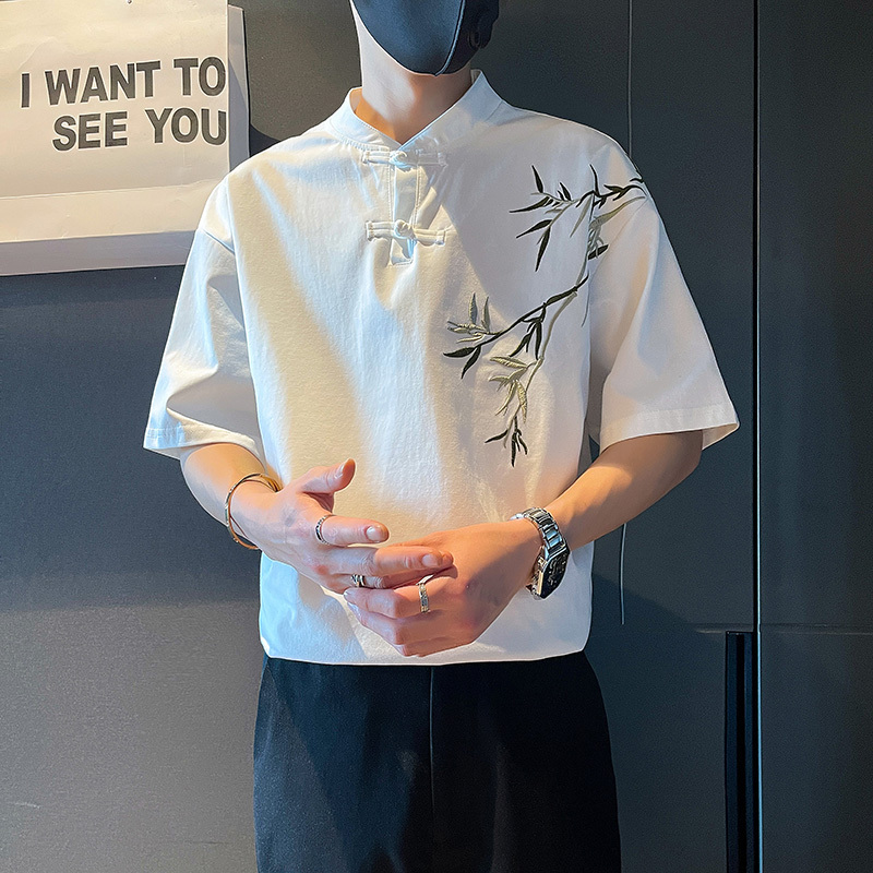 New Chinese-Style Short-Sleeved Shirt for Men with Bamboo Embroidery, Drapey Top, 2026 New Summer Thin Half-Sleeve Shirt
