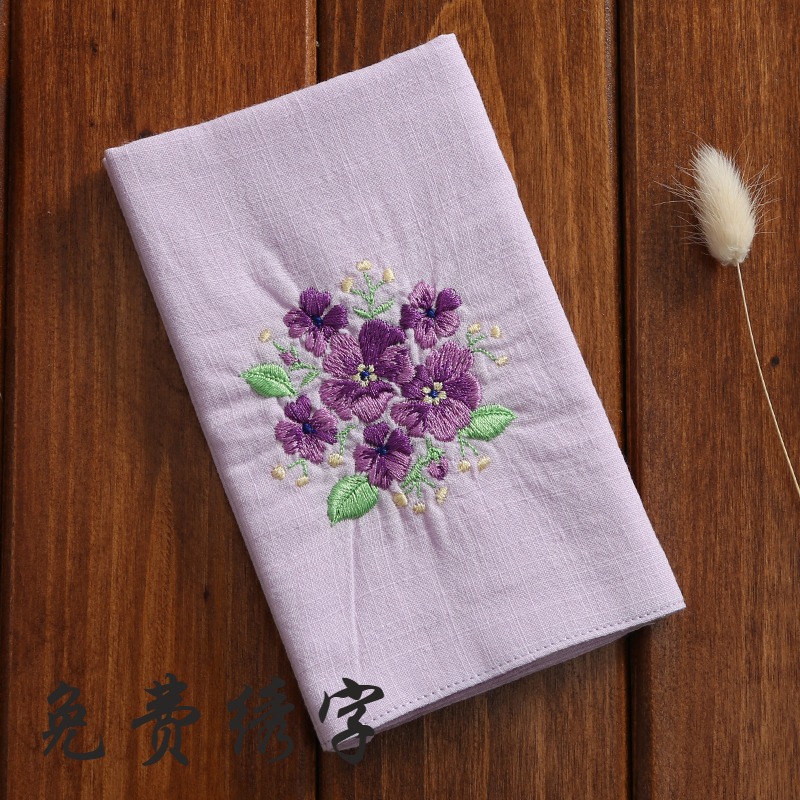 Antique handkerchief embroidered purple pansy handkerchief ladies embroidered cotton hemp handkerchief female sweat-absorbent square can be embroidered characters
