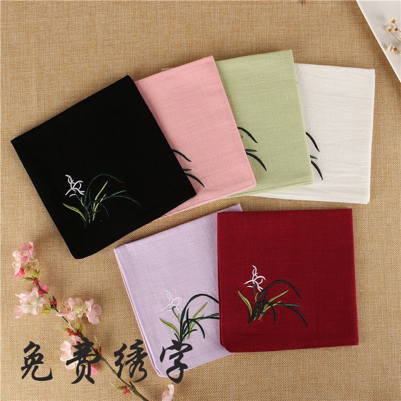 Ancient embroidery orchid handkerchief Women's original embroidered word handkerchief Pure cotton hemp sweat-absorbing men's square towel sweat-wiping handkerchief