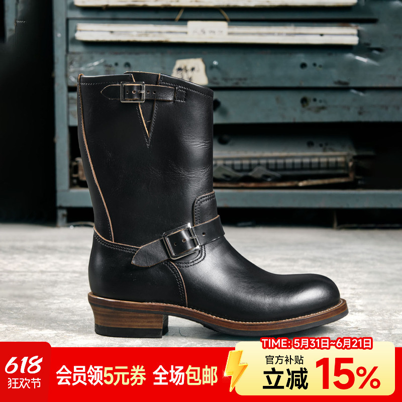 Vintage Italian V-Soled American-Style Motorcycle High Boots Made of First-Layer Cowhide Leather with Tea Core for Engineers