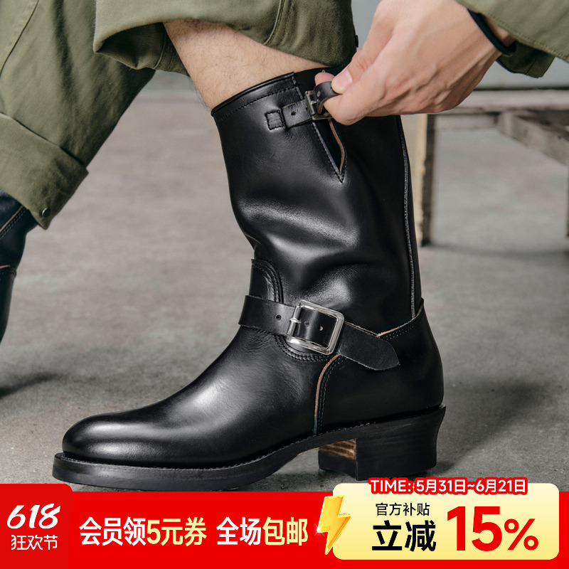 Leathercraft·Engineer Boots Hue Series Tea Core Cowhide Italian V-Sole Goodyear Cycling Motorcycle Boots
