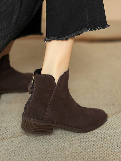 棕色翻毛皮短靴女2025新款春秋单靴中跟踝靴磨砂裸靴加绒41大码43