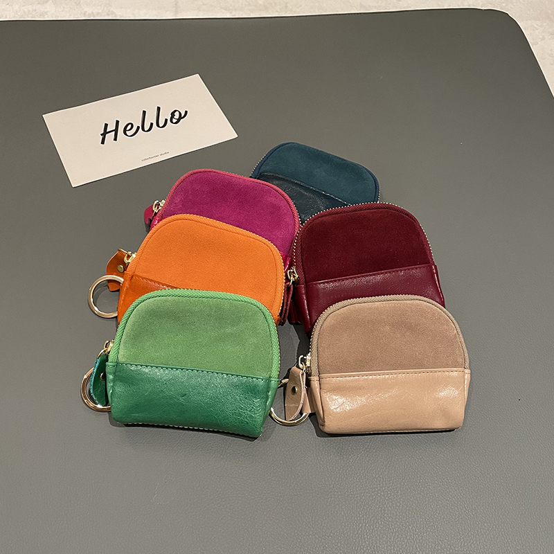 Retro Zero Wallet Frosted Leather Parquet Oil Wax Cow Leather Short Wallet Fashion Semicircle Coin Bag Genuine Leather Laced Jewellery Bag