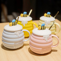 Cute Little Honeybee Mark Cup With Cover Spoon Girls High Face Value Water Cup Lovers Home Girl Honey Ceramic Mug