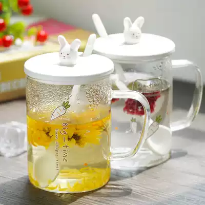 Cute rabbit glass high-value water cup female student dormitory home with lid spoon handle oatmeal breakfast cup