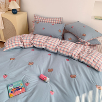 Cute bow wash cotton four-piece bedding cotton set bedding cotton 100 students quilt cover cotton sheets ins Wind
