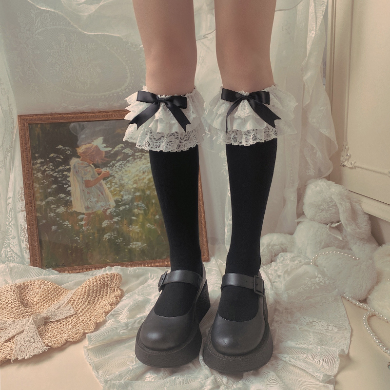 Socks by Noble Designers, Floral Banquet Style for Autumn, Lolita Lace Multi-Layered Lace Bow All-Cotton Mid-Calf Socks