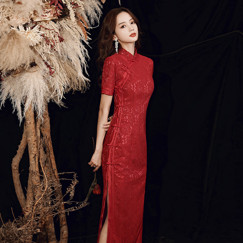 Red cheongsam, summer long skirt, elegant sexy evening dress, 2021 collection, city style, Chinese style Red cheongsam, summer long skirt, elegant sexy evening dress, 2021 collection, city style, Chinese style
