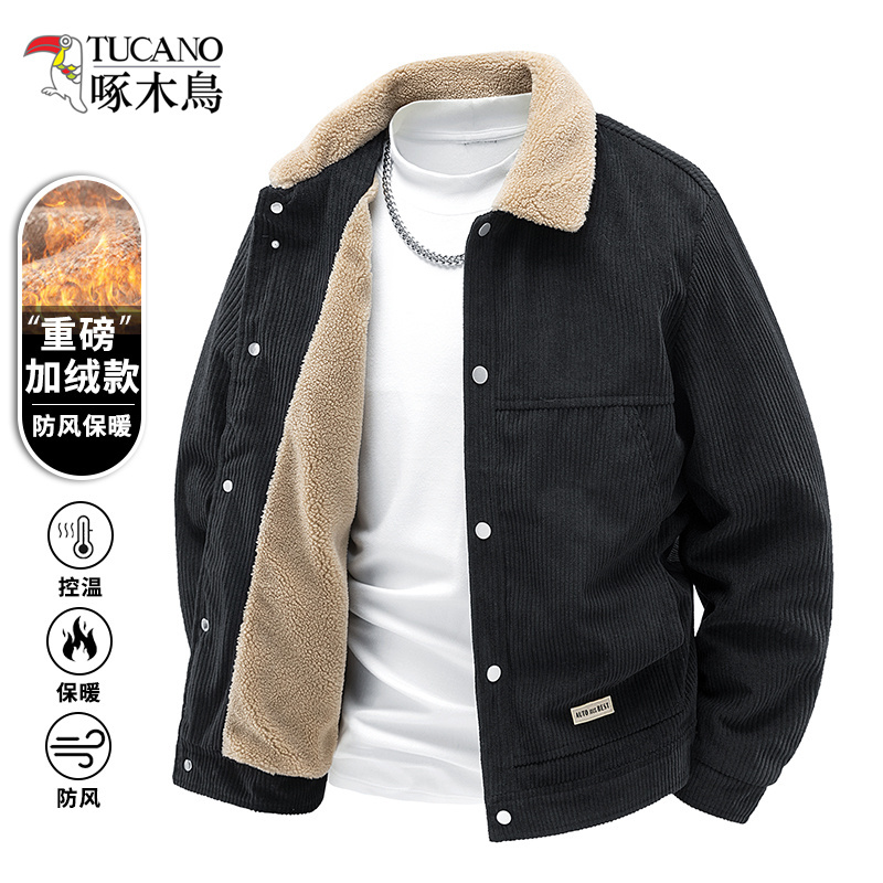 Woodpecker American Casual Corduroy Jacket for Men, Autumn and Winter, Fleece-Lined, Thickened, Warm, Heavy-Duty Lapel Style Coat