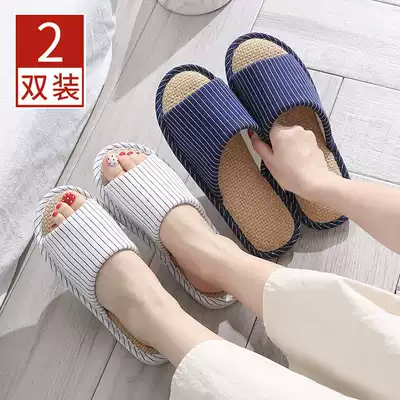 Buy one get one free linen slippers female pair home spring, autumn and winter home room four seasons couple non-slip cotton and linen men