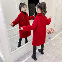 Girls woolen coat autumn and winter 2021 new foreign girl long childrens clothing thick niece coat