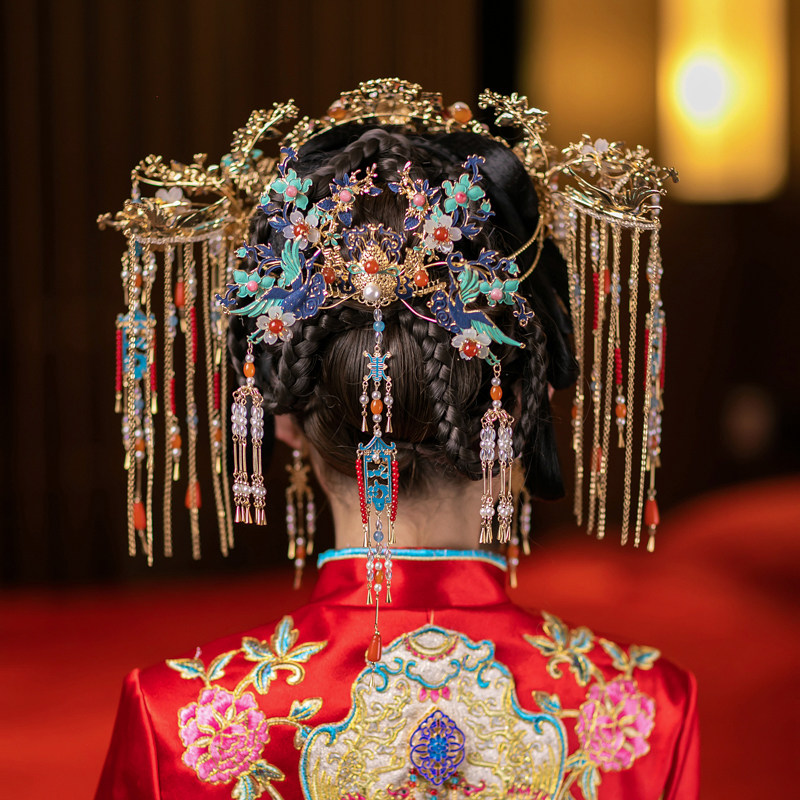 New Ancient Clothing Hanfu Bridal Wedding Hair Accessories Long Stream Su Show and Blue Canopy Suit Luxury Atmosphere quiet morning