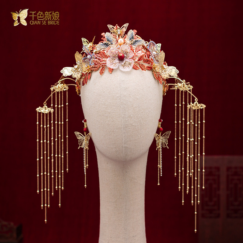 Bridal Headwear Chinese Crested Chengguan Wedding Ancient Dress Hair Accessories Red Suit Show and Dragon Pineapple hanging streaming Su accessories Hongying