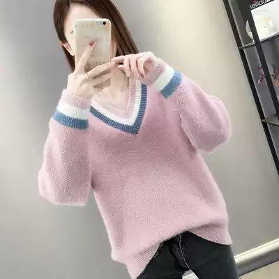 Autumn 2021 New V-neck sweater women loose Korean pullover top mink velvet knitted base shirt ins