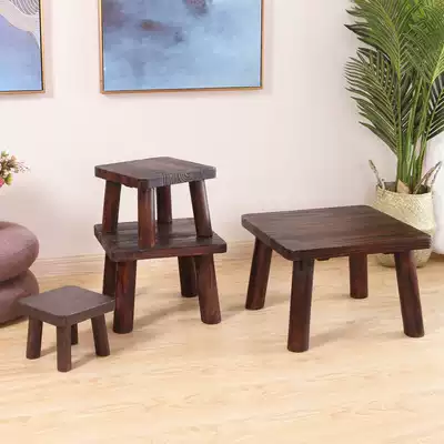 Carbonized wood retro pastoral wooden stool Solid wood square stool Home low stool Courtyard stool Shoe stool Adult small stool