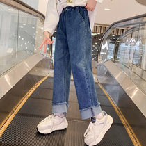 Girls trousers 2022 autumn clothes new Korean version of childrens foreign style spring and autumn trousers middle and big childrens casual denim wide-leg pants