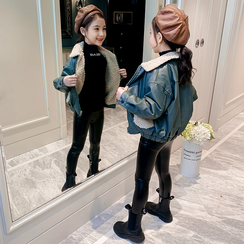 Girls' leather coat in autumn and winter dress 2023 new children's gas plus thicker jacket girls winter