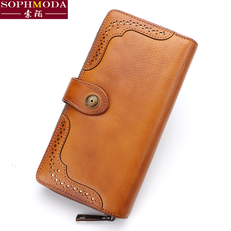 Real Leather Wallet Woman Long Version Head Layer Cow Leather Retro Handmade Leather Clip Money Clip Woman Pull Necklace Custom LOGO Lettering Name