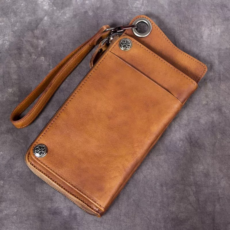 Retro leather long wallet with zipper, cowhide, genuine leather, maxi length, Japanese and Korean, simple and elegant design