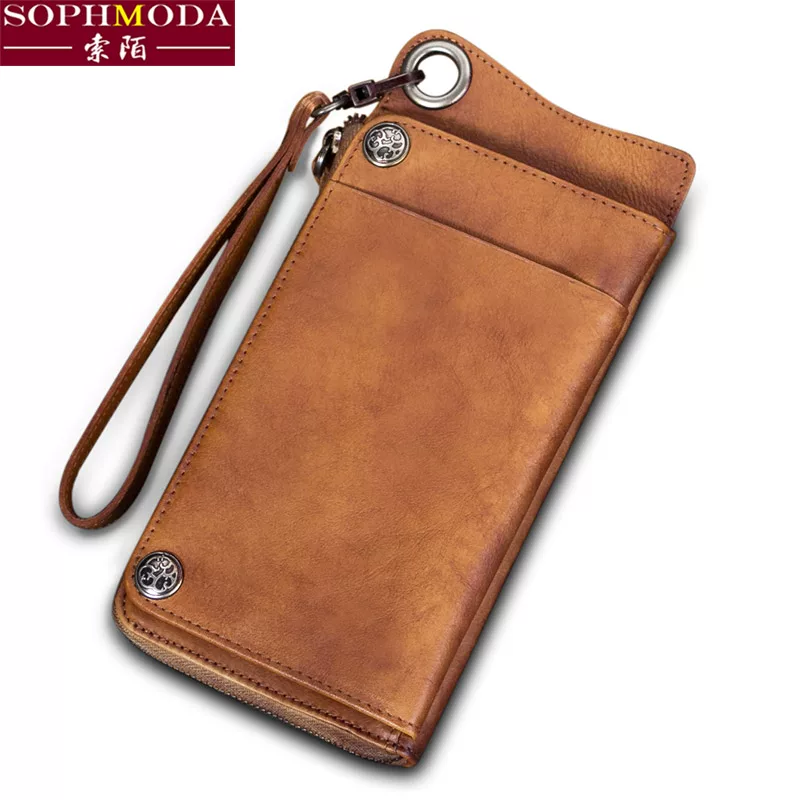 Retro leather long wallet with zipper, cowhide, genuine leather, maxi length, Japanese and Korean, simple and elegant design