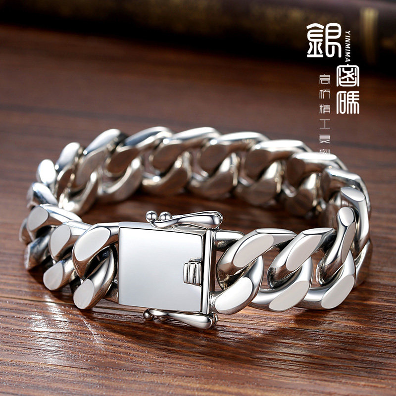 Silver Code Cuban Bracelet Men's Sterling Silver 18mm Rough Trend Fashion Domineering Bracelet European and American Ins Niche Design