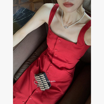 2022 Summer New French Retro Square Neck Suspender Dress Female Design Sense Single-breasted Temperament Slim Skirt