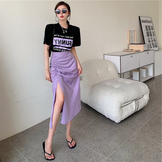 New French retro letter printing short-sleeved T-shirt top high waist shirring slit skirt two-piece suit summer